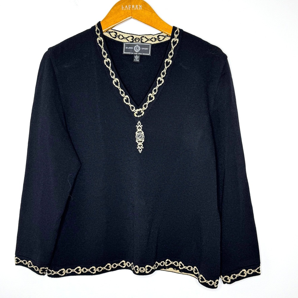 St. John Sport Santana Knit‎ Black/Gold Sweater Large